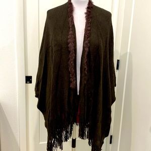 Genuine Fur Trimmed Open Front Fringed Long Poncho / Shaw | Free Size